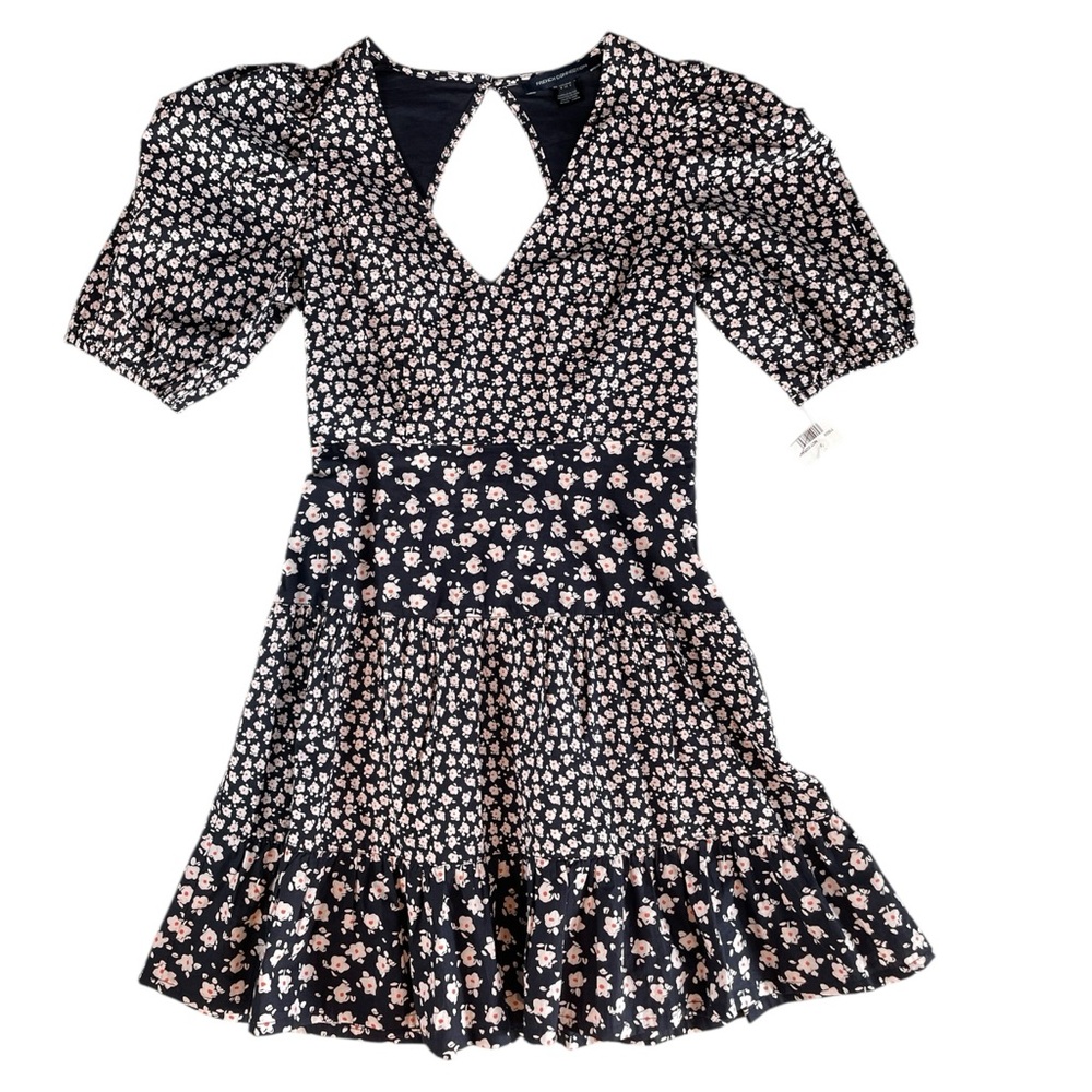 French Connection Aura Ditsy Poplin Puff Sleeve Mini Dress - Navy Blue - Size 4